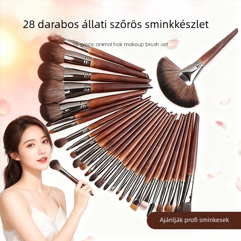 28 darabos sminkecset-készlet szintetikus sörtékkel és hosszú nyelű fa nyéllel