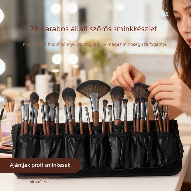 28 darabos sminkecset-készlet szintetikus sörtékkel és hosszú nyelű fa nyéllel