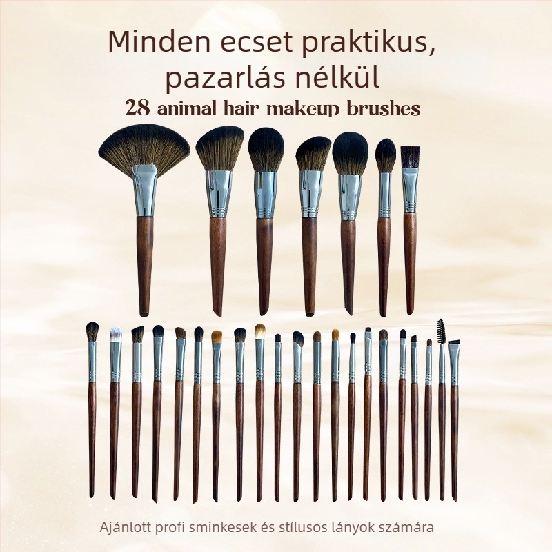28 darabos sminkecset-készlet szintetikus sörtékkel és hosszú nyelű fa nyéllel