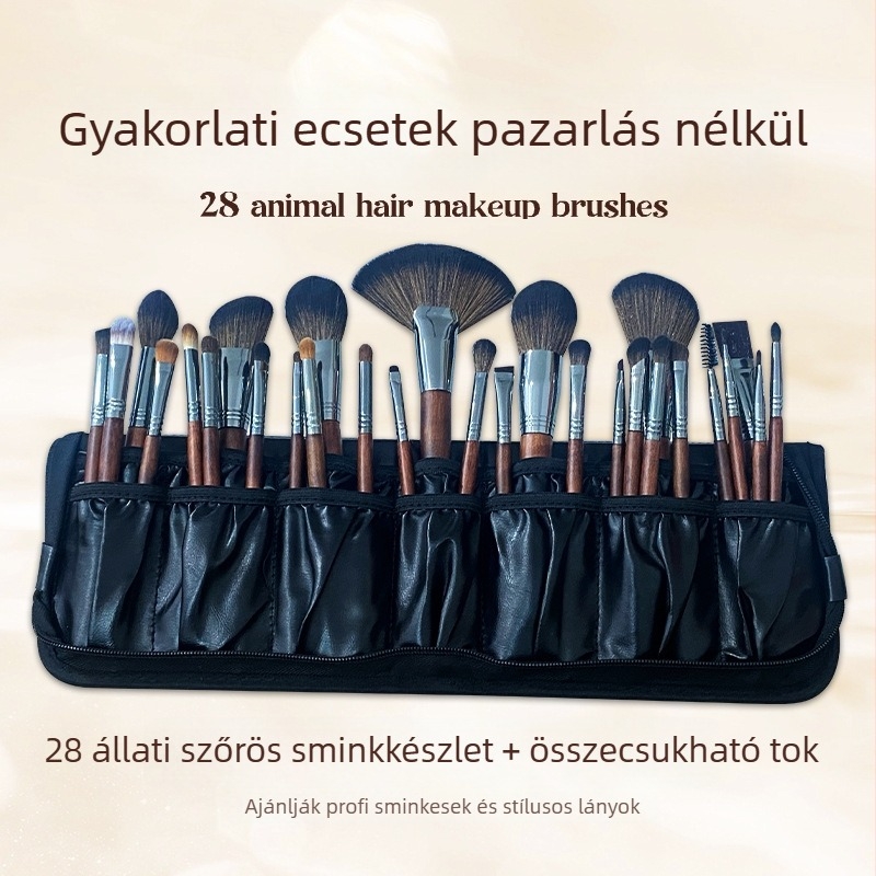 28 darabos sminkecset-készlet szintetikus sörtékkel és hosszú nyelű fa nyéllel
