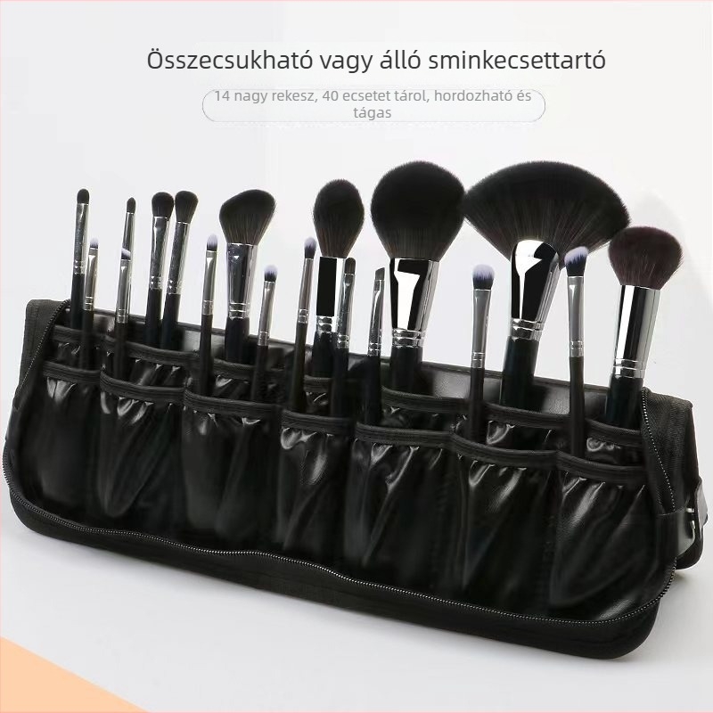 Sminkecsetek táskája — függőleges, összecsukható, 29 lyukkal, táskás kialakítás, textil nyél, hordozható modell, 1 ecsetkészlet