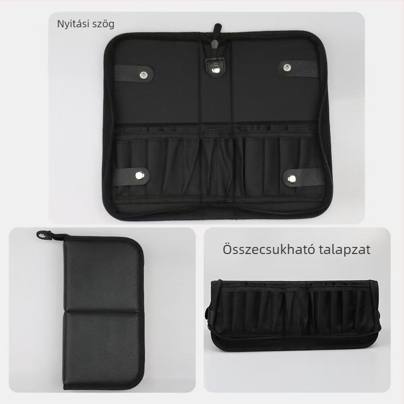 Sminkecsetek táskája — függőleges, összecsukható, 29 lyukkal, táskás kialakítás, textil nyél, hordozható modell, 1 ecsetkészlet
