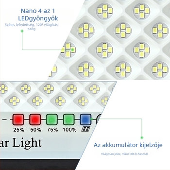 LED napelemes reflektor kültéri használatra, IP67 vízálló, 100W, 3.2V, indukciós kapcsoló, 12–16 órás üzemidő