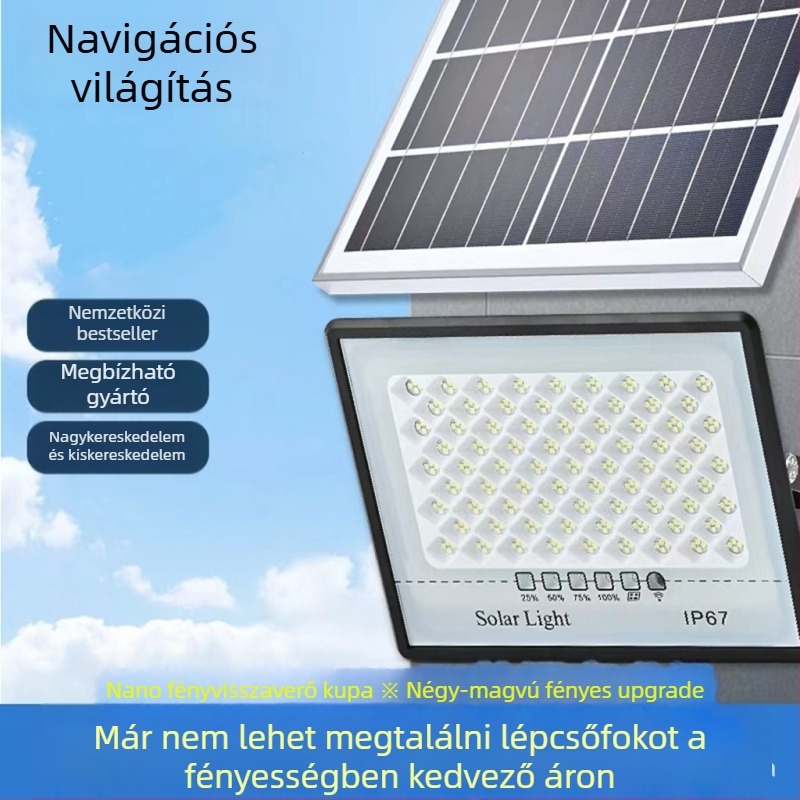 LED napelemes reflektor kültéri használatra, IP67 vízálló, 100W, 3.2V, indukciós kapcsoló, 12–16 órás üzemidő
