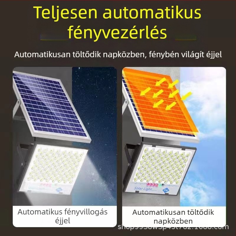 LED napelemes reflektor kültéri használatra, IP67 vízálló, 100W, 3.2V, indukciós kapcsoló, 12–16 órás üzemidő