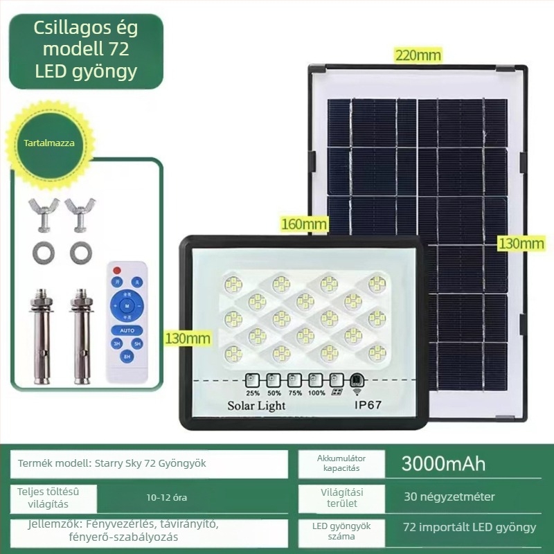 LED napelemes reflektor kültéri használatra, IP67 vízálló, 100W, 3.2V, indukciós kapcsoló, 12–16 órás üzemidő