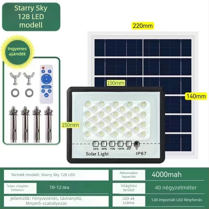 LED napelemes reflektor kültéri használatra, IP67 vízálló, 100W, 3.2V, indukciós kapcsoló, 12–16 órás üzemidő