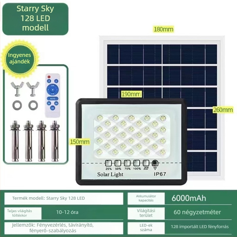 LED napelemes reflektor kültéri használatra, IP67 vízálló, 100W, 3.2V, indukciós kapcsoló, 12–16 órás üzemidő