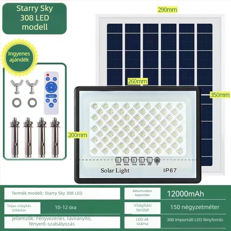 LED napelemes reflektor kültéri használatra, IP67 vízálló, 100W, 3.2V, indukciós kapcsoló, 12–16 órás üzemidő