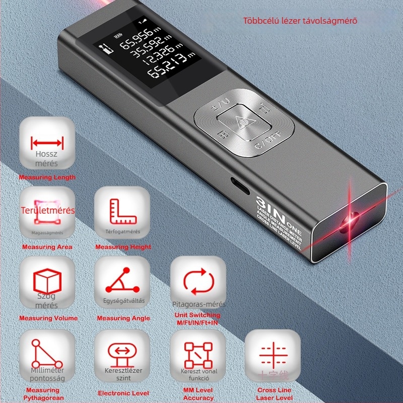 Lézeres távolságmérő - 3 az egyben, keresztezett lézervonal projektor, fém ház