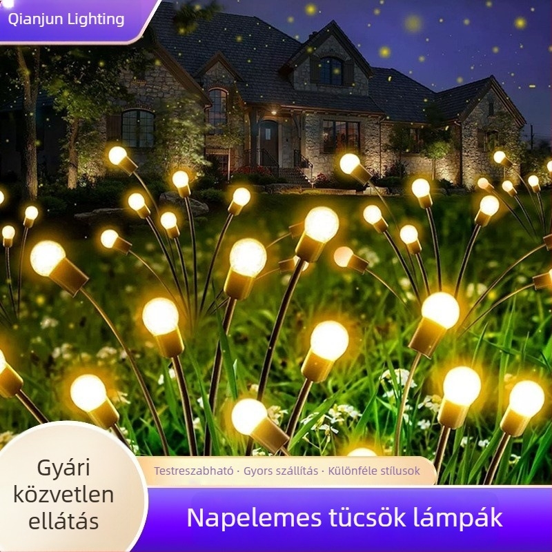 Napelemes talajlámpa, firefly dizájn, IP65 vízálló, rozsdamentes acélból, 5W, 6–12 órás folyamatos világítás.