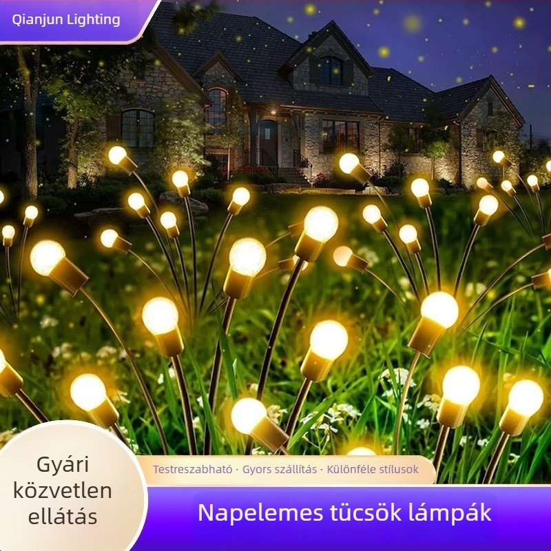 Napelemes talajlámpa, firefly dizájn, IP65 vízálló, rozsdamentes acélból, 5W, 6–12 órás folyamatos világítás.