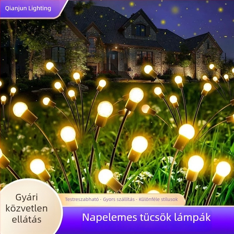 Napelemes talajlámpa, firefly dizájn, IP65 vízálló, rozsdamentes acélból, 5W, 6–12 órás folyamatos világítás.