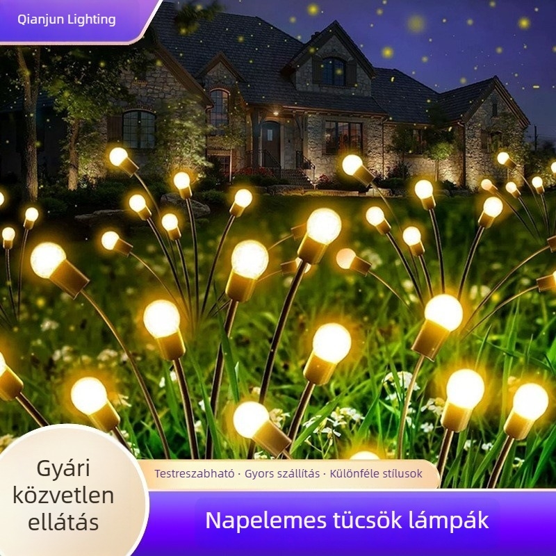 Napelemes talajlámpa, firefly dizájn, IP65 vízálló, rozsdamentes acélból, 5W, 6–12 órás folyamatos világítás.