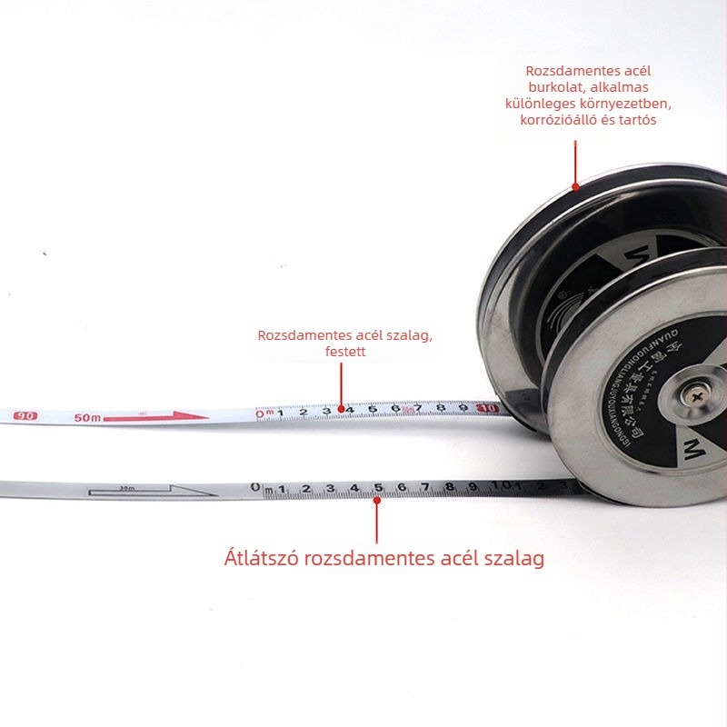 Rozsdamentes acél korongos mérőszalag — kopásálló, ütésálló, lézeres távolságmérő, 20/30/50 m hosszú, hordozható építőipari eszköz