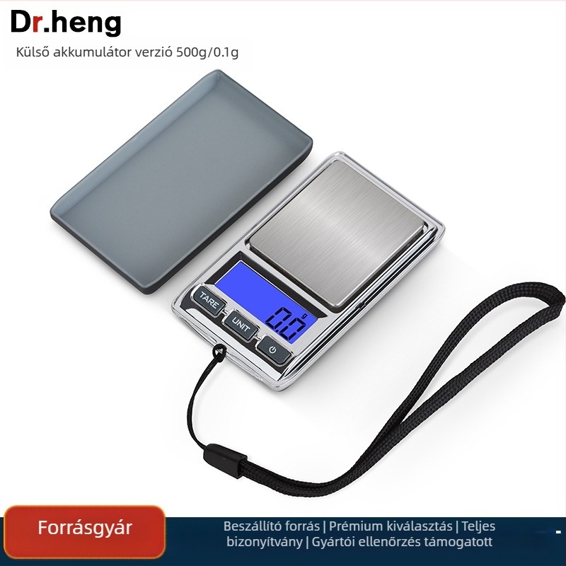 DH-958 Zsebméretű elektronikus mérleg ékszerekhez, 500 g kapacitás, elektronikus mérés, CR2012 elemről működik