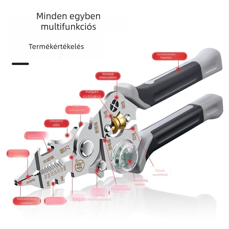 Villanyszerelő 28-in-1: többfunkciós fogó, vezetékek leszedése, vágás, crimpeelés, tekerés és rögzítés