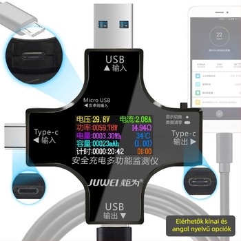 USB kapacitásmérő Type-C és USB interfészekkel, digitális kijelző, 30V/8A feszültség- és áramerősségmérő