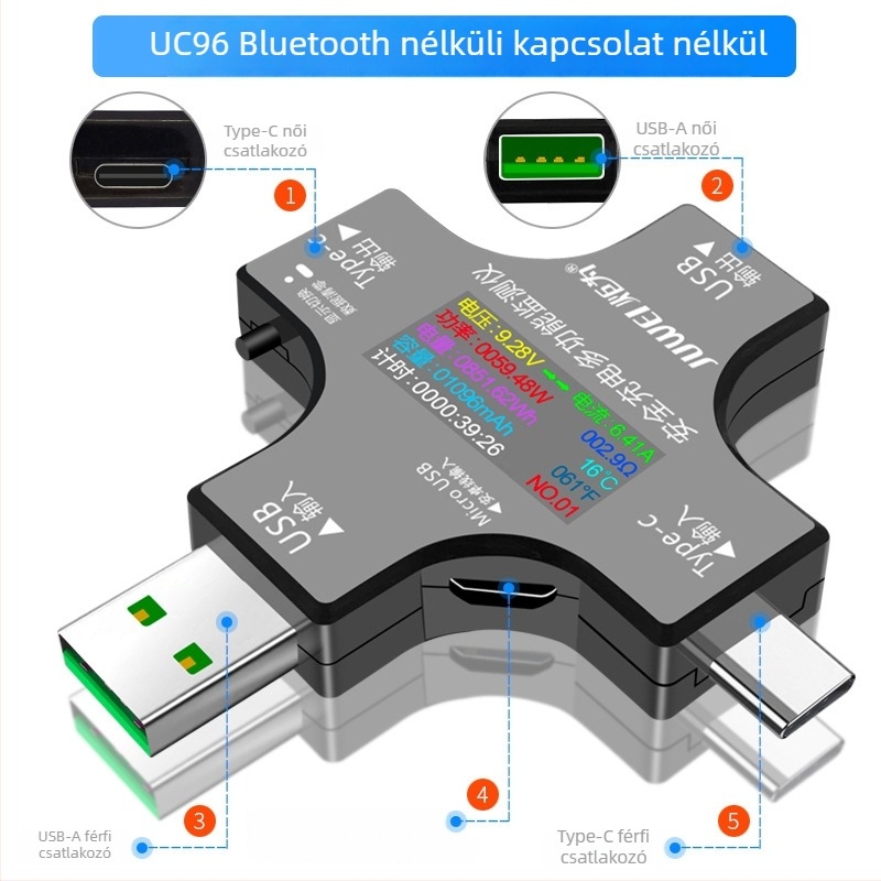 USB kapacitásmérő Type-C és USB interfészekkel, digitális kijelző, 30V/8A feszültség- és áramerősségmérő