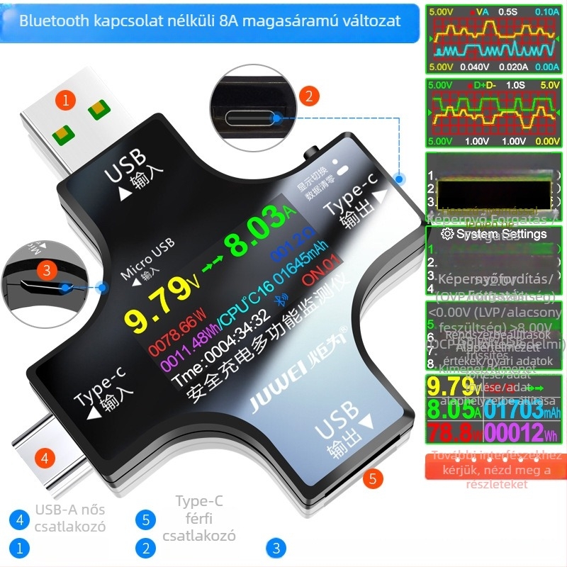 USB kapacitásmérő Type-C és USB interfészekkel, digitális kijelző, 30V/8A feszültség- és áramerősségmérő