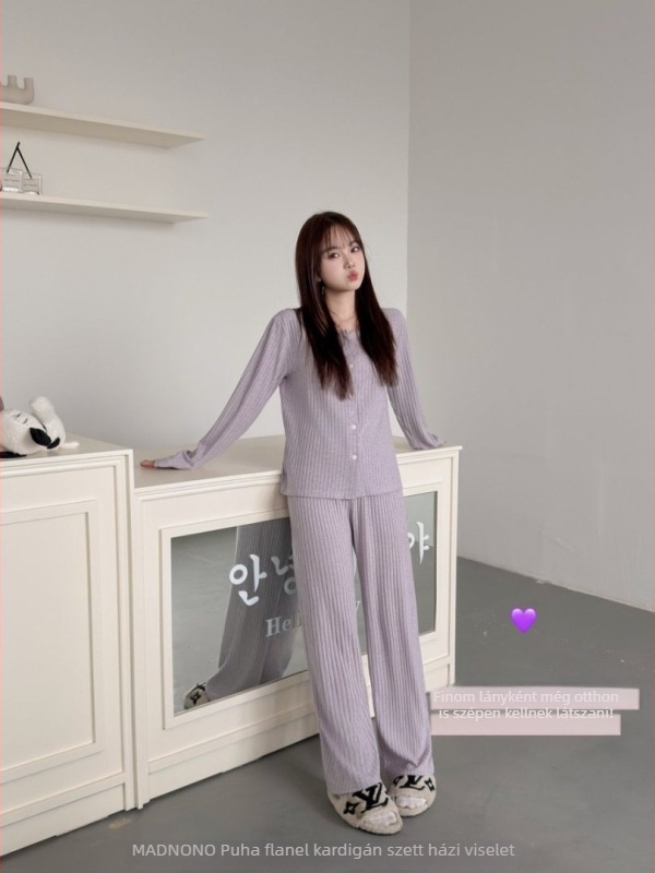 MAD NONO Női kardigános pizsama készlet – poliészter, bolyhos felület, hosszú ujjú, kerek nyakú, otthoni viselet és külső viselésre alkalmas