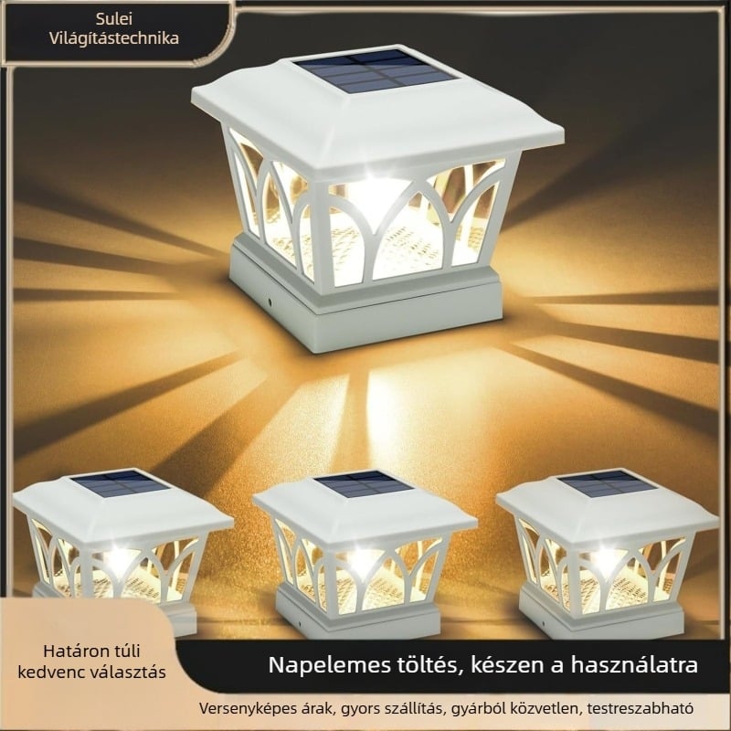 Napelemes oszloplámpa kerítéshez – wolframszál LED, IPX4, 0,5W, 1,2V, 12–16 óra működés