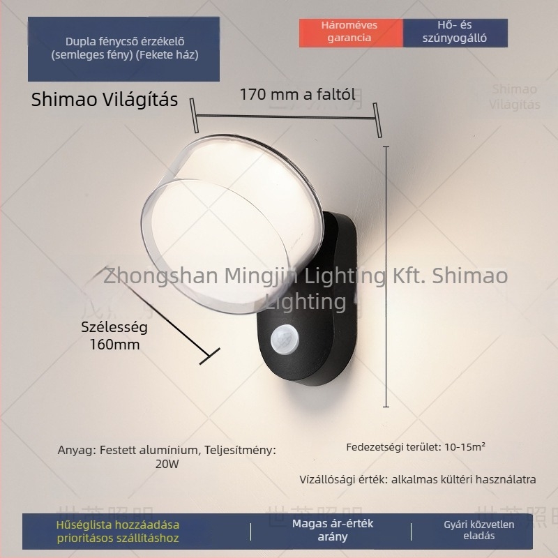 LED kültéri falikar vízálló, szenzorral, alumínium házzal (220V, 120 lm, 3000K, 60°, IP54)