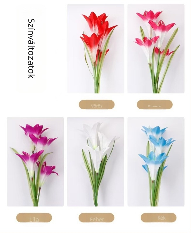 Kültéri vízálló napelemes növényalakú tájvilágítás, modell YD-007; anyag: rozsdamentes acél + PC cső + ABS műanyag; üzemidő: 6–12 óra