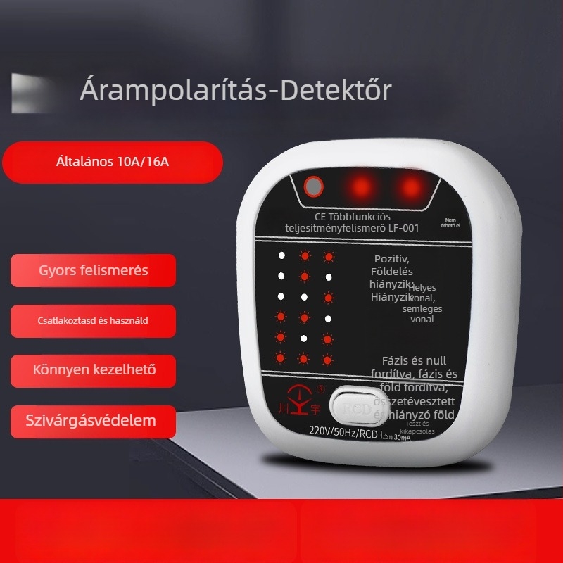 Fázisdetektor és konnektor-tesztelő Kawashu LF-001 (Fázisdetektálás; Konnektor-tesztelés; Polaritás; Szivárgás; Földelés)