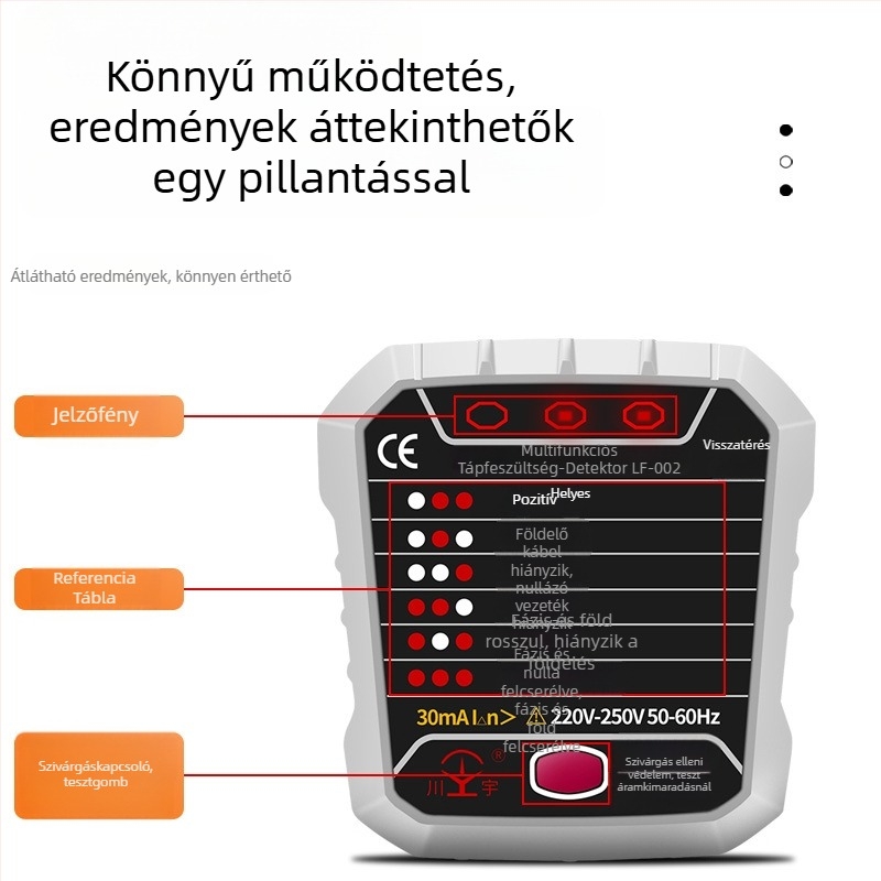 Fázisdetektor és konnektor-tesztelő Kawashu LF-001 (Fázisdetektálás; Konnektor-tesztelés; Polaritás; Szivárgás; Földelés)
