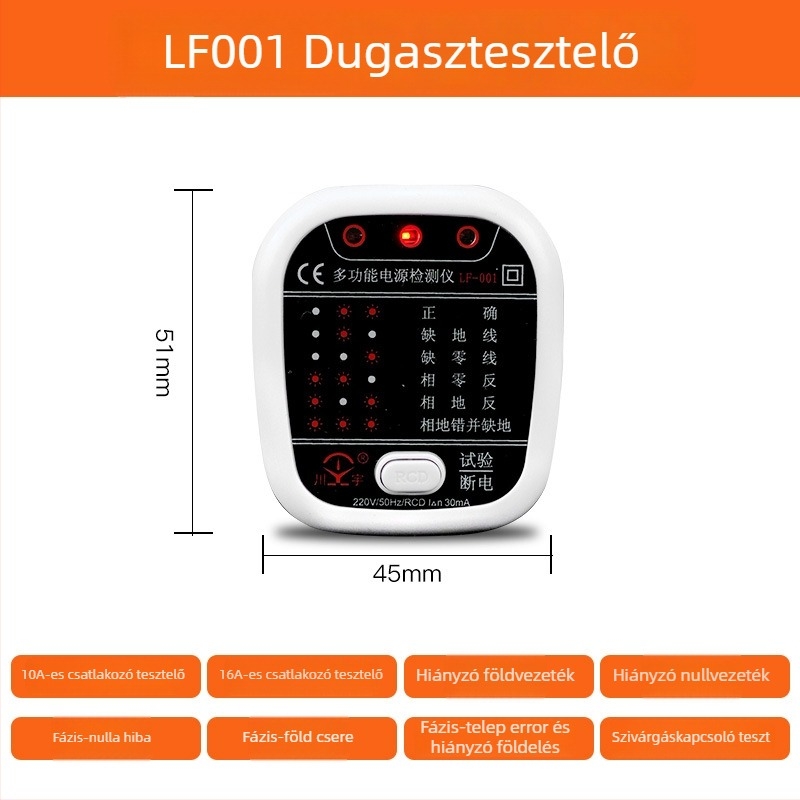 Fázisdetektor és konnektor-tesztelő Kawashu LF-001 (Fázisdetektálás; Konnektor-tesztelés; Polaritás; Szivárgás; Földelés)