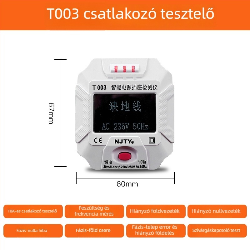 Fázisdetektor és konnektor-tesztelő Kawashu LF-001 (Fázisdetektálás; Konnektor-tesztelés; Polaritás; Szivárgás; Földelés)