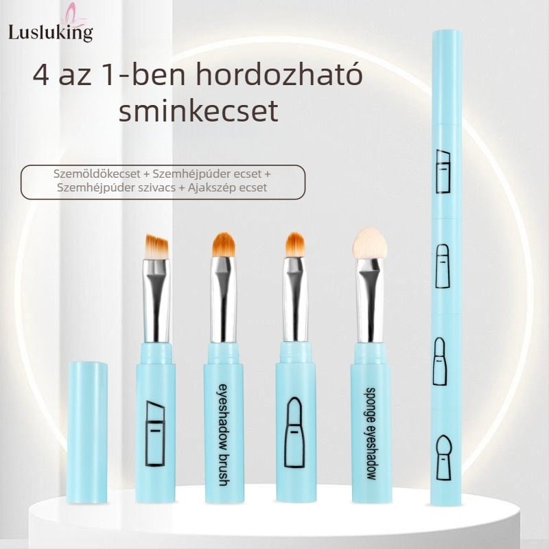4 részes hordozható sminkecset készlet, kivehető mini ecsetek a szemhéjhoz, szemöldökhöz, szemkontúrhoz és szempillákhoz; szintetikus sörték; ABS műanyag nyél; hordozható kialakítás