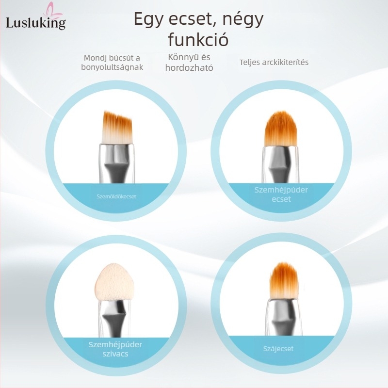 4 részes hordozható sminkecset készlet, kivehető mini ecsetek a szemhéjhoz, szemöldökhöz, szemkontúrhoz és szempillákhoz; szintetikus sörték; ABS műanyag nyél; hordozható kialakítás