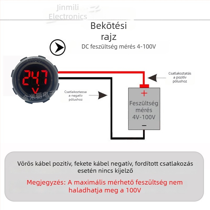 Vízálló kör alakú voltmérő LED-es digitális kijelzővel, DC 4–100V, kétvezetékes, univerzális elektromos járművekhez, modell JML30F-DV1