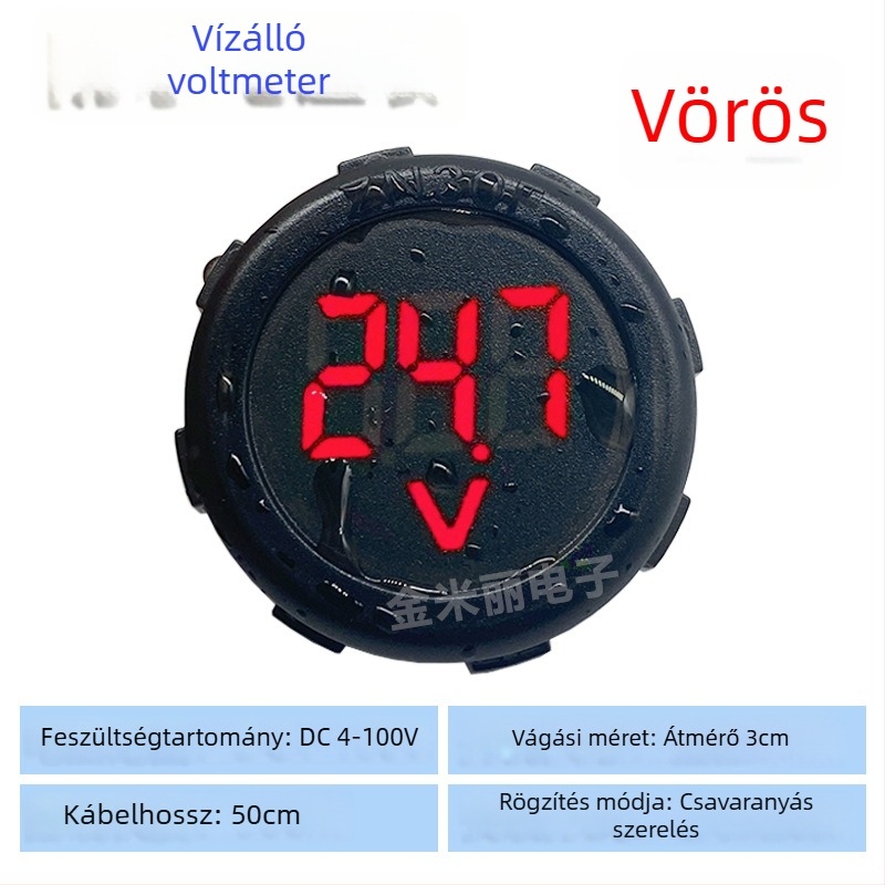Vízálló kör alakú voltmérő LED-es digitális kijelzővel, DC 4–100V, kétvezetékes, univerzális elektromos járművekhez, modell JML30F-DV1