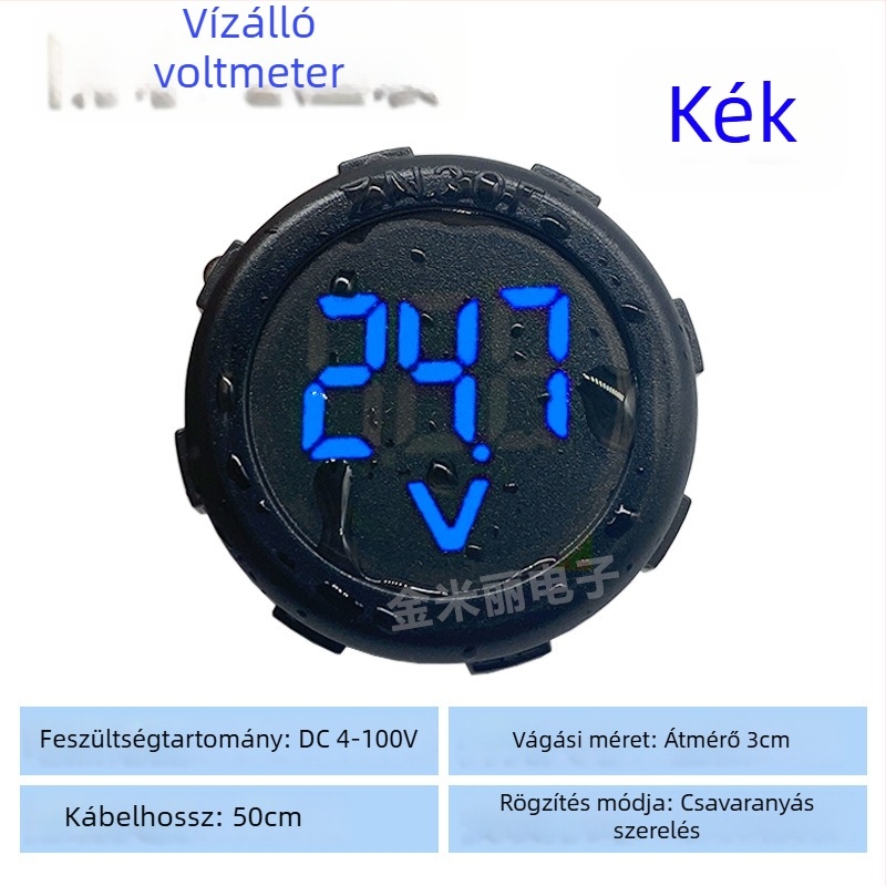 Vízálló kör alakú voltmérő LED-es digitális kijelzővel, DC 4–100V, kétvezetékes, univerzális elektromos járművekhez, modell JML30F-DV1