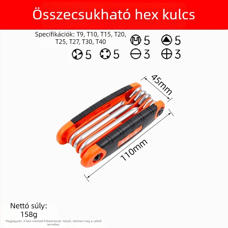 Összecsukható hatszögletű imbuszkulcs készlet belső hatszögfejekkel, króm-vanádium acélból