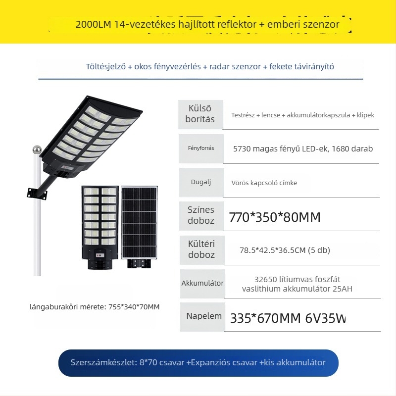 Beépített napelemes utcai lámpa, 30W, IP65 vízálló, távvezérlő, 24–36 órás üzemidő