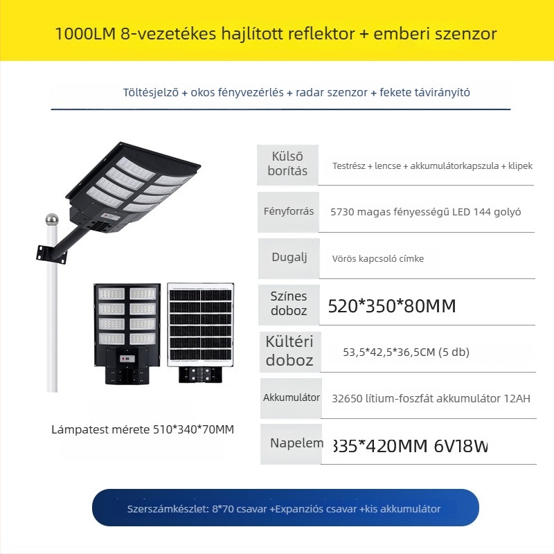 Beépített napelemes utcai lámpa, 30W, IP65 vízálló, távvezérlő, 24–36 órás üzemidő