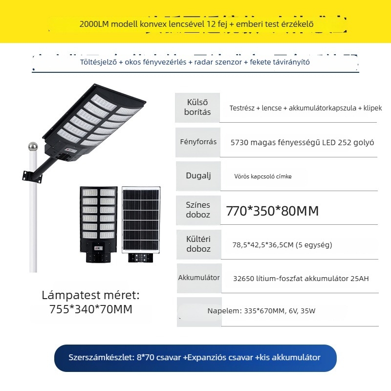 Beépített napelemes utcai lámpa, 30W, IP65 vízálló, távvezérlő, 24–36 órás üzemidő
