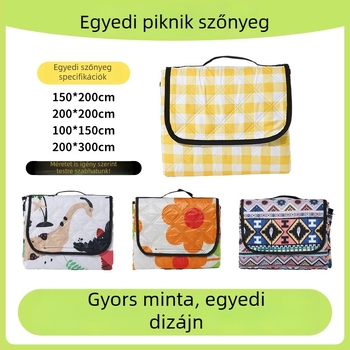 Ultrahangos piknik matrac – tapadásmentes, nedvesség-álló, vízálló szövet; anyag: Chunya Spun Needle Cotton; tömeg: 0.66–0.87 kg; szövet: PVEA vízálló; modell: Ultrasonic picnic mat; alkalmas 6–8 személynek