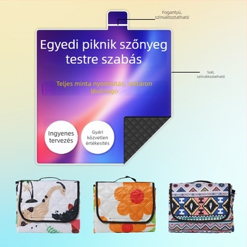 Ultrahangos piknik matrac – tapadásmentes, nedvesség-álló, vízálló szövet; anyag: Chunya Spun Needle Cotton; tömeg: 0.66–0.87 kg; szövet: PVEA vízálló; modell: Ultrasonic picnic mat; alkalmas 6–8 személynek