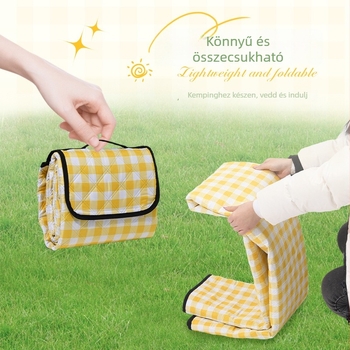 Ultrahangos piknik matrac – tapadásmentes, nedvesség-álló, vízálló szövet; anyag: Chunya Spun Needle Cotton; tömeg: 0.66–0.87 kg; szövet: PVEA vízálló; modell: Ultrasonic picnic mat; alkalmas 6–8 személynek