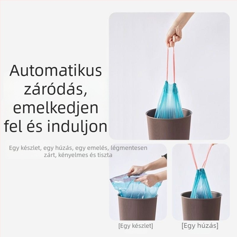 Vastagított húzózsinóros szemetes zacskók automata zárással, PE anyagból, nem lebomló