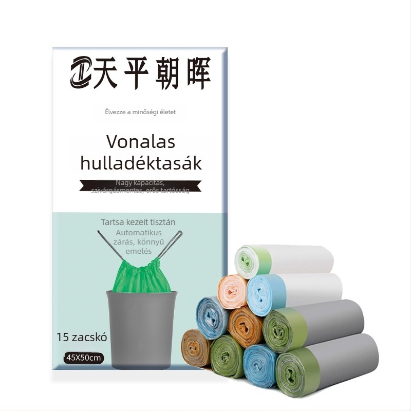 Vastagított húzózsinóros szemetes zacskók automata zárással, PE anyagból, nem lebomló