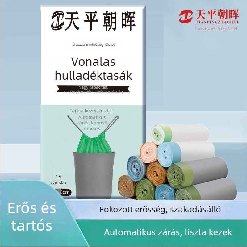 Vastagított húzózsinóros szemetes zacskók automata zárással, PE anyagból, nem lebomló