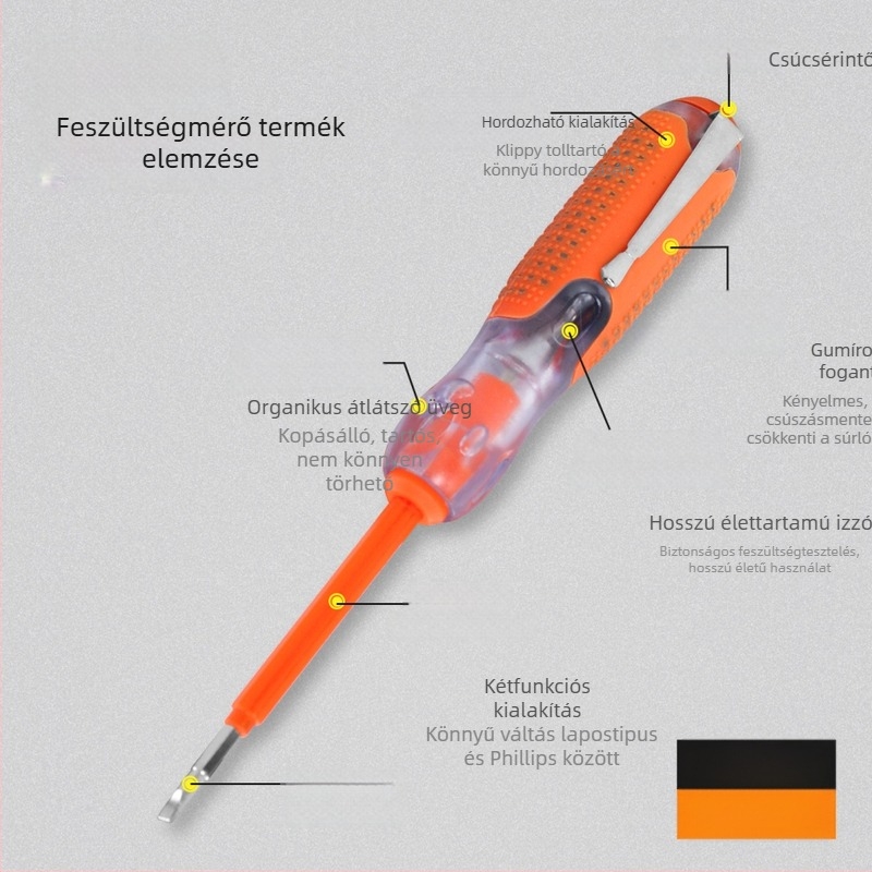 Kétfunkciós feszültség-teszt toll és csavarhúzó, lapos- és Phillips fejű, 220V kompatibilis