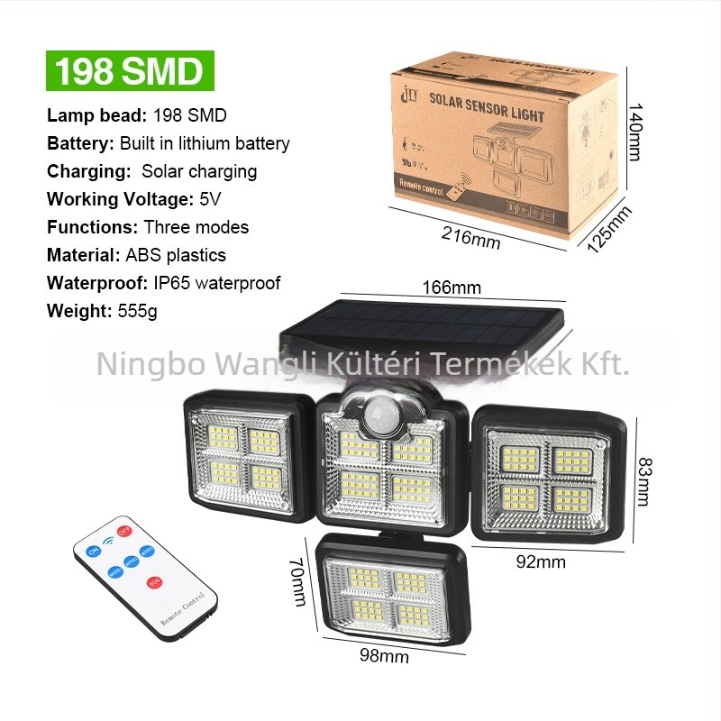 Moduláris napelemes fali lámpa távirányítóval, IP44 vízálló kültéri kert- és kerítés világítás, LED patch, 40W, 3,7V, 16–24 órás üzemidő