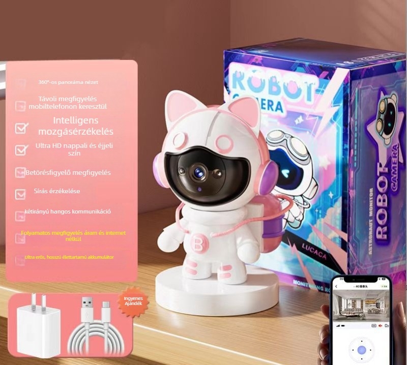 WiFi baba alakú beltéri megfigyelő kamera teljes színű éjjellátással és sírásriasztással — vízszintes forgás 355°, függőleges dőlésszög 90°, pan sebesség 355°/s, DC 5V, gimbal tartó